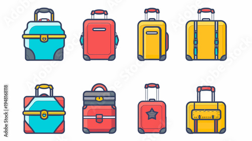 Set of eight colorful cartoon luggage pieces on a white background, blue, red, yellow