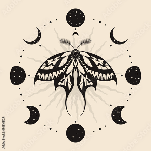Mystic moth vector illustration. Magic moon, occult, print, poster.