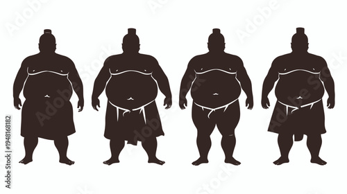 Dark silhouettes of four sumo wrestlers standing side-by-side against a white background