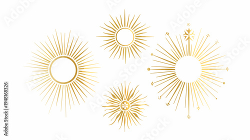 Golden celestial sunburst elements with radiant lines on a white background