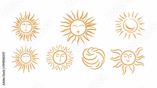 Array of stylized sun icons with faces and abstract designs, in orange, on white