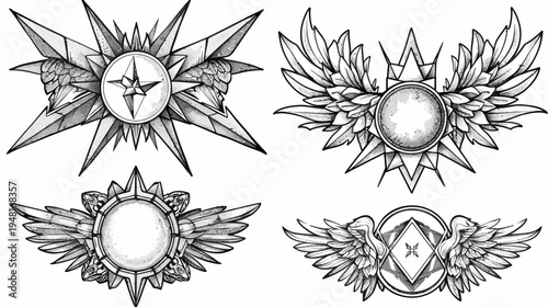 Four heraldic emblems with wings, stars, and circles, illustrated with shading