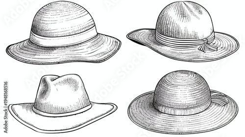 Four hatched, sketched-style hats with ribbon accents in varied shapes and sizes