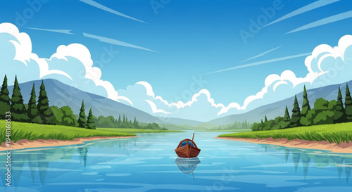 Serene river landscape with a small boat sailing towards mountains under a blue sky with fluffy white clouds and lush green trees on the banks