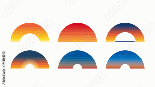 Six stylized arches with horizontal color bands, a gradient from hot to cool hues