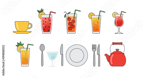 Colorful beverages and tableware illustration