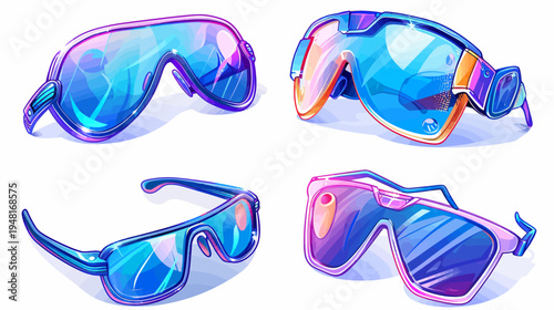 Four pairs of pixelated, stylized sunglasses in blue, orange, pink, and purple hues