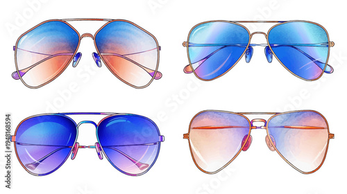 Watercolor image of four pairs of aviator sunglasses with colorful reflective lenses