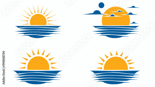 Four stylized suns over water icons, one with clouds, in orange and blue