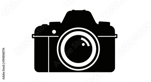 Black and white silhouette of a professional DSLR camera with a large lens, perfect for photography and creative industries