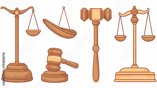 Cartoonish depiction of justice symbols including scales and gavels in brown hues