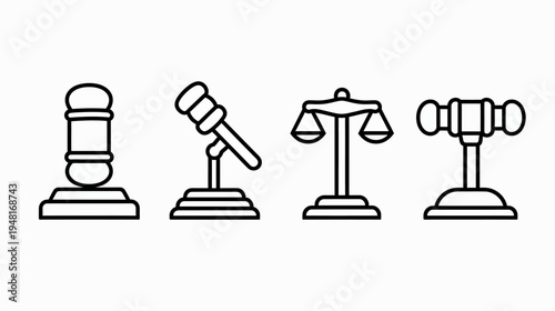 Four justice-related icons in outline form gavel, microphone, scale and court hammer