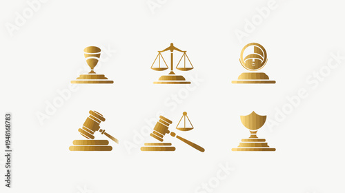 Six golden-toned icons of legal themes arranged in a grid on a white background