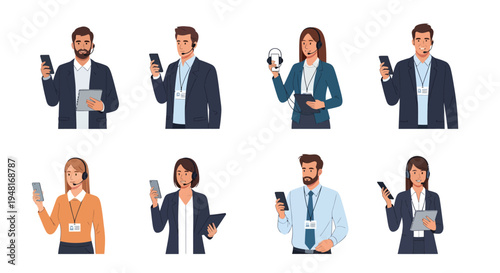 Customer service representatives with headsets and smartphones assisting via phone and online support