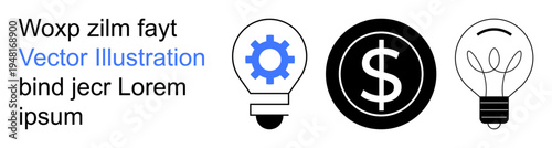 Innovation, finance, engineering, creativity, solutions, progress. Illustrated icons light bulbs with gear and dollar sign elements. Innovation and finance concepts