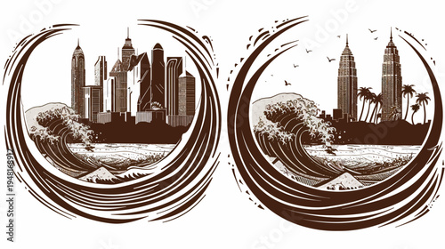 Cityscape artwork featuring stylized ocean waves and detailed skyline in shades of brown