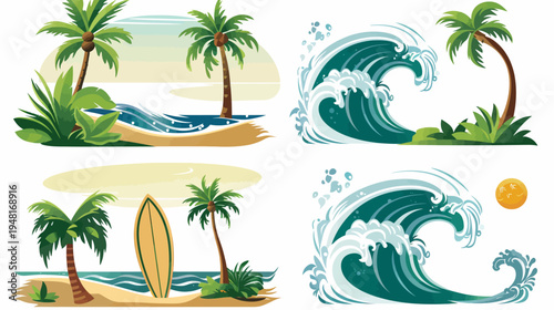 Four beach scene compositions featuring palm trees, waves, sand, and a surfboard