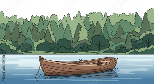 Brown wooden boat floats on calm blue lake water with green forest trees in background