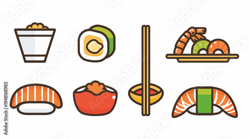 An illustration of diverse sushi and condiments in a colorful and simplistic style