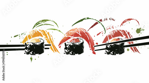 Sushi pieces in graphic watercolor style with chopsticks, splatters and vibrant color