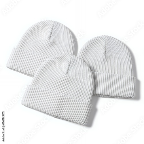 Three white ribbed beanie hats isolated on a pure white background beanie mockup clothing mockup isolated apparel winter fashion cap casual knit hat accessories wool beanie