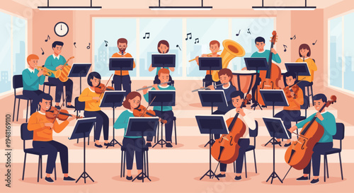 Orchestra Practice Session: Musicians Playing Instruments in Harmony