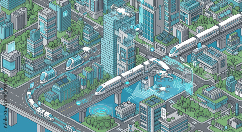 Futuristic smart city isometric view with drones, autonomous trains, and digital network
