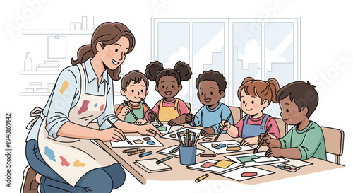 Art Class Fun: Teacher Guides Diverse Kids Painting and Drawing at School