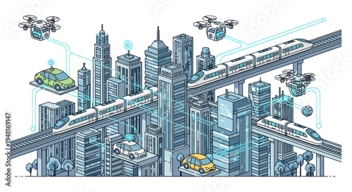 Smart City with Drones, Autonomous Cars, and High-Speed Trains