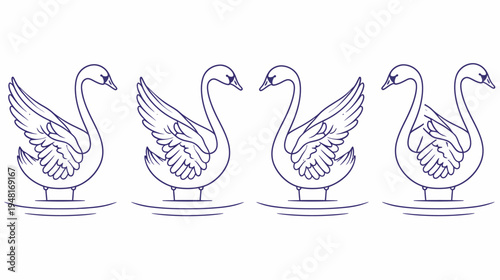 Four stylized swans outlined in purple rest on simple horizontal water lines