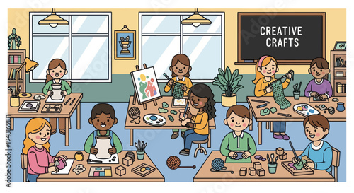 Children's Art Class: Kids Creating Crafts and Painting in a Bright Classroom