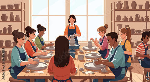 Pottery Class: Diverse Group Learning Ceramics Art from Instructor