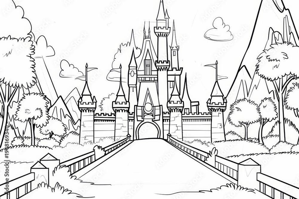 Fototapeta premium Majestic castle with turrets and towers in an enchanted kingdom. Cartoon style with thick lines, no shading, and perfect for kids to color.