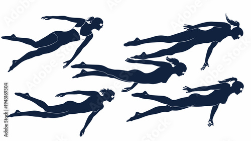 Silhouetted figures in motion resembling swimming or flying on a white background