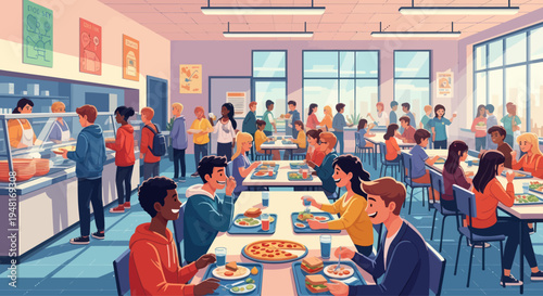 Diverse Students Enjoying Lunch in a Bustling School Cafeteria
