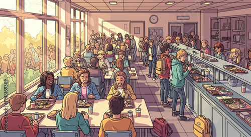 Diverse students eating lunch in a bright, busy school cafeteria with serving line