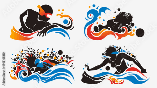 Four stylized swimmer illustrations with colorful waves and splashes on a white background