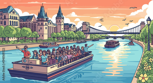 Pixel Art Cityscape: Tourists on River Boat Cruise at Sunset with Bridge and Buildings