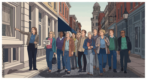Tour Guide Leading Diverse Group of People on a Street Tour