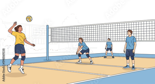 Volleyball players in action on court during a match, illustration