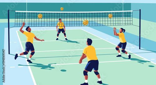 Diverse group plays Sepak Takraw on outdoor court, active sport, teamwork, summer recreation