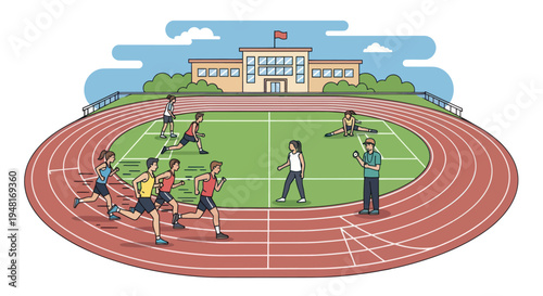 Athletics race on stadium track with school building background, diverse students competing