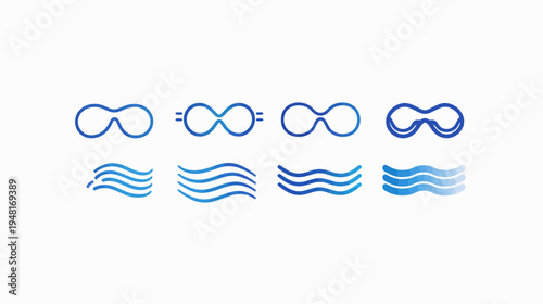 Simple blue line art swimming goggles variations and wavy lines on a white background
