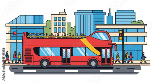 Red Double Decker Bus City Tour with Tourists, Modern Buildings Background