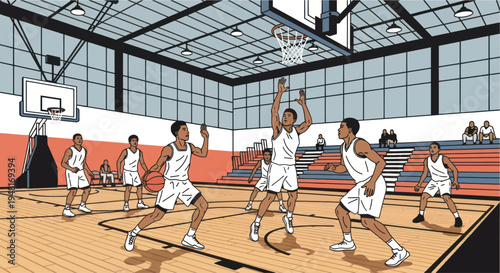 Basketball players in action on court with spectators in bleachers, indoor sports game.