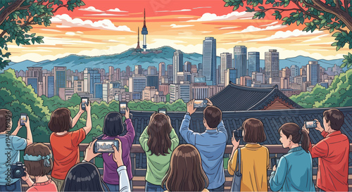 Tourists Photograph Seoul Skyline with Namsan Tower at Sunset, South Korea