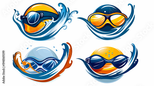 Swimmer emblems helmets and goggles surrounded by stylized waves, flat design, bright colors
