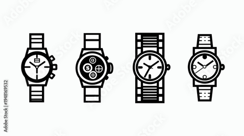 Black and white line art illustration of four different wrist watches facing front