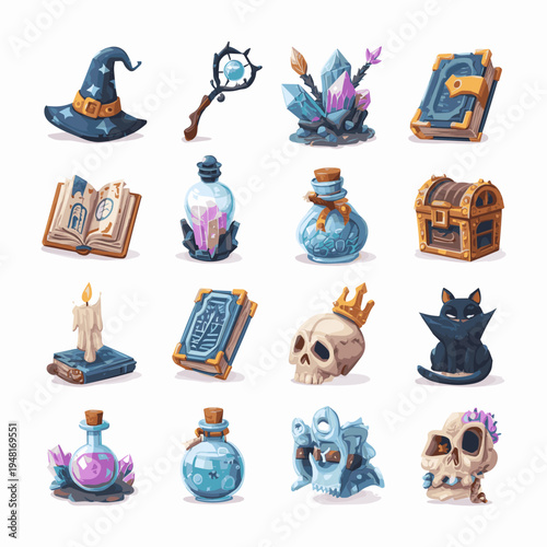 Fantasy Magic Icon Set – Wizard Hat, Potions, Spell Book, Crystal, Treasure Chest, RPG Game Items