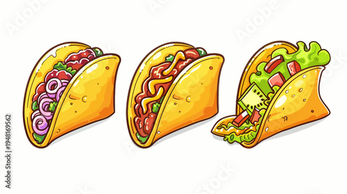 Three cartoon style tacos with assorted fillings, isolated on a white background